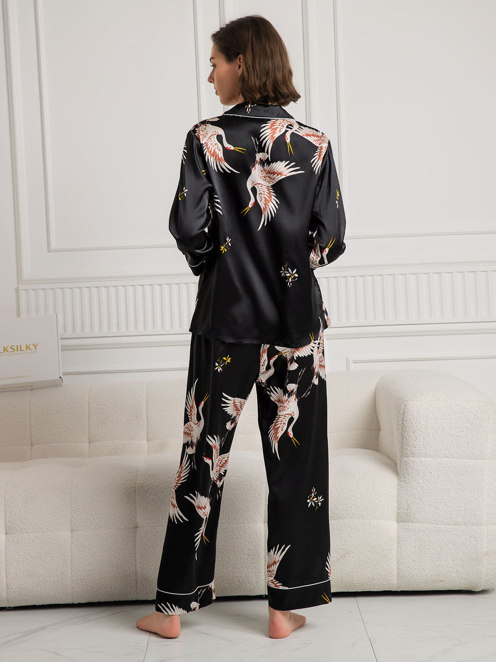 19Momme Women's 100% Mulberry Silk Crane Print Full Length Pajama Set