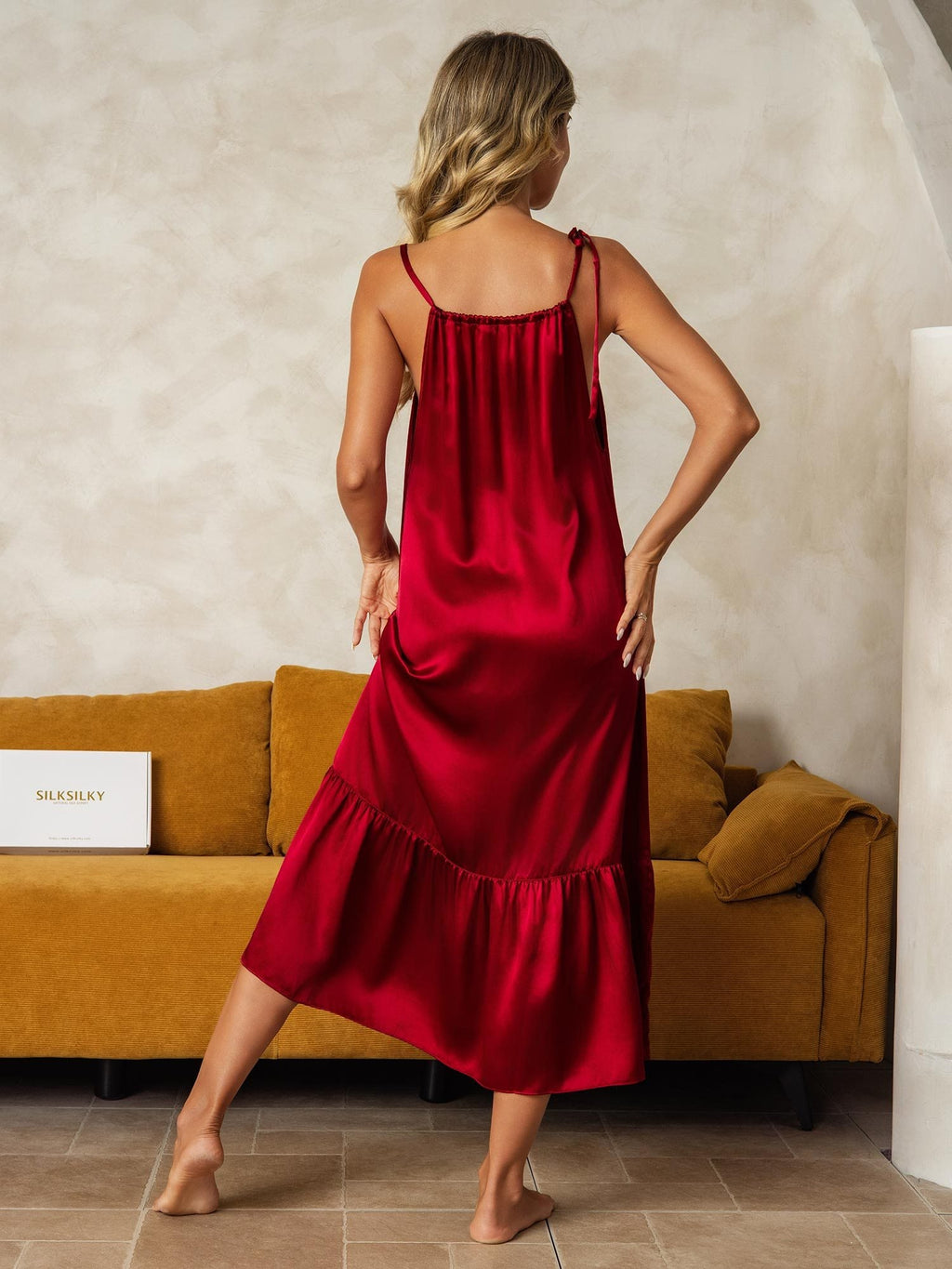 Pure Silk Midi Keyhole Neck Spaghetti Straps Nightgown with Ruffle Hem