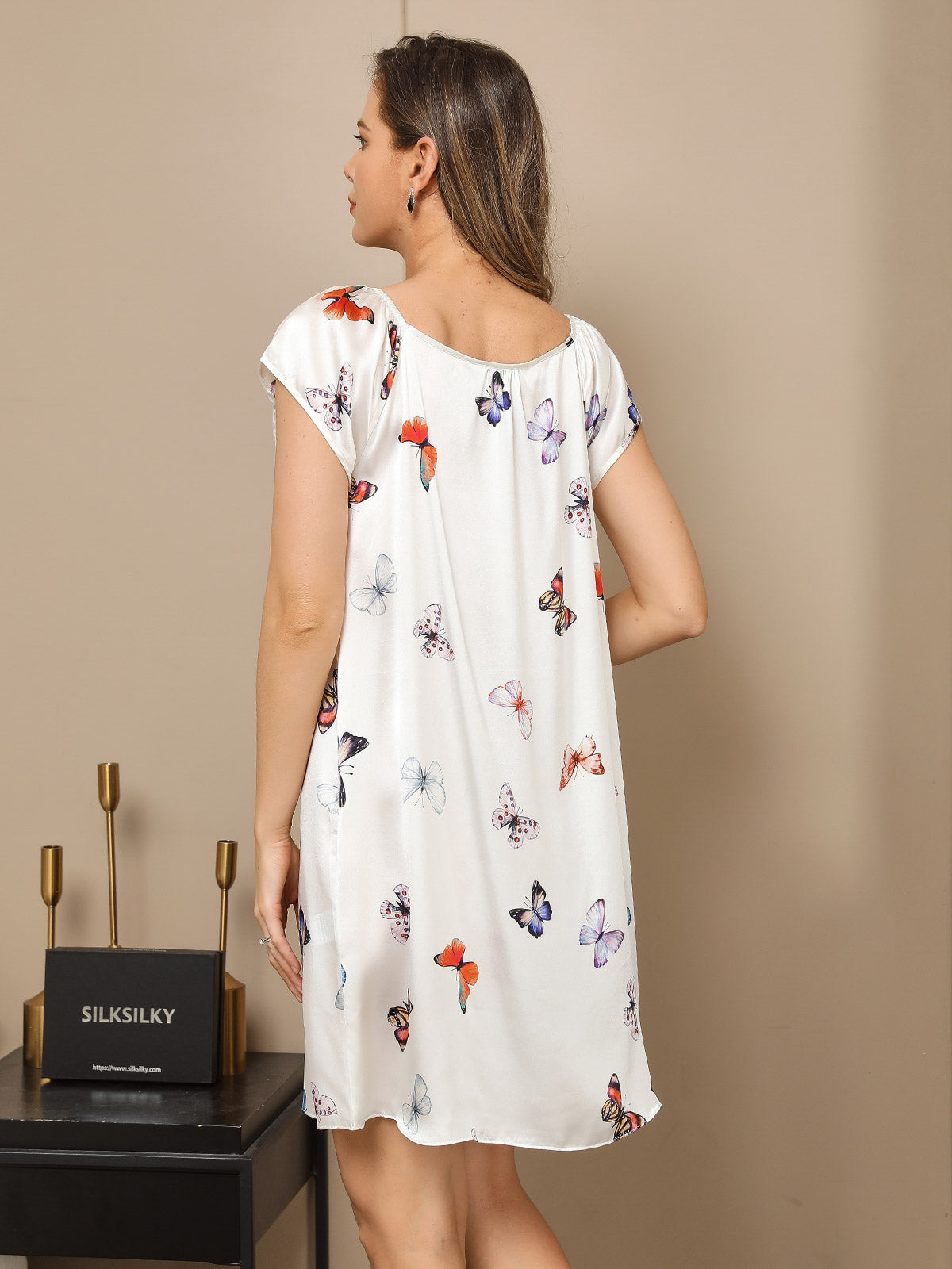 Pure Silk Butterfly Print Cap Sleeve Square Neck Short Nightgown