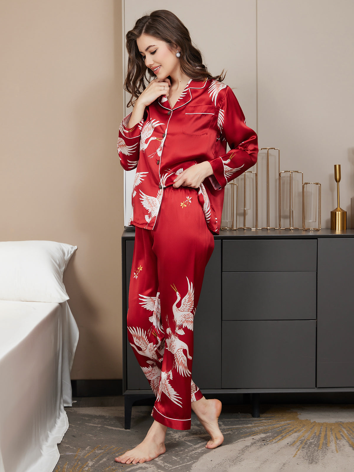 19Momme Women's 100% Mulberry Silk Crane Print Full Length Pajama Set