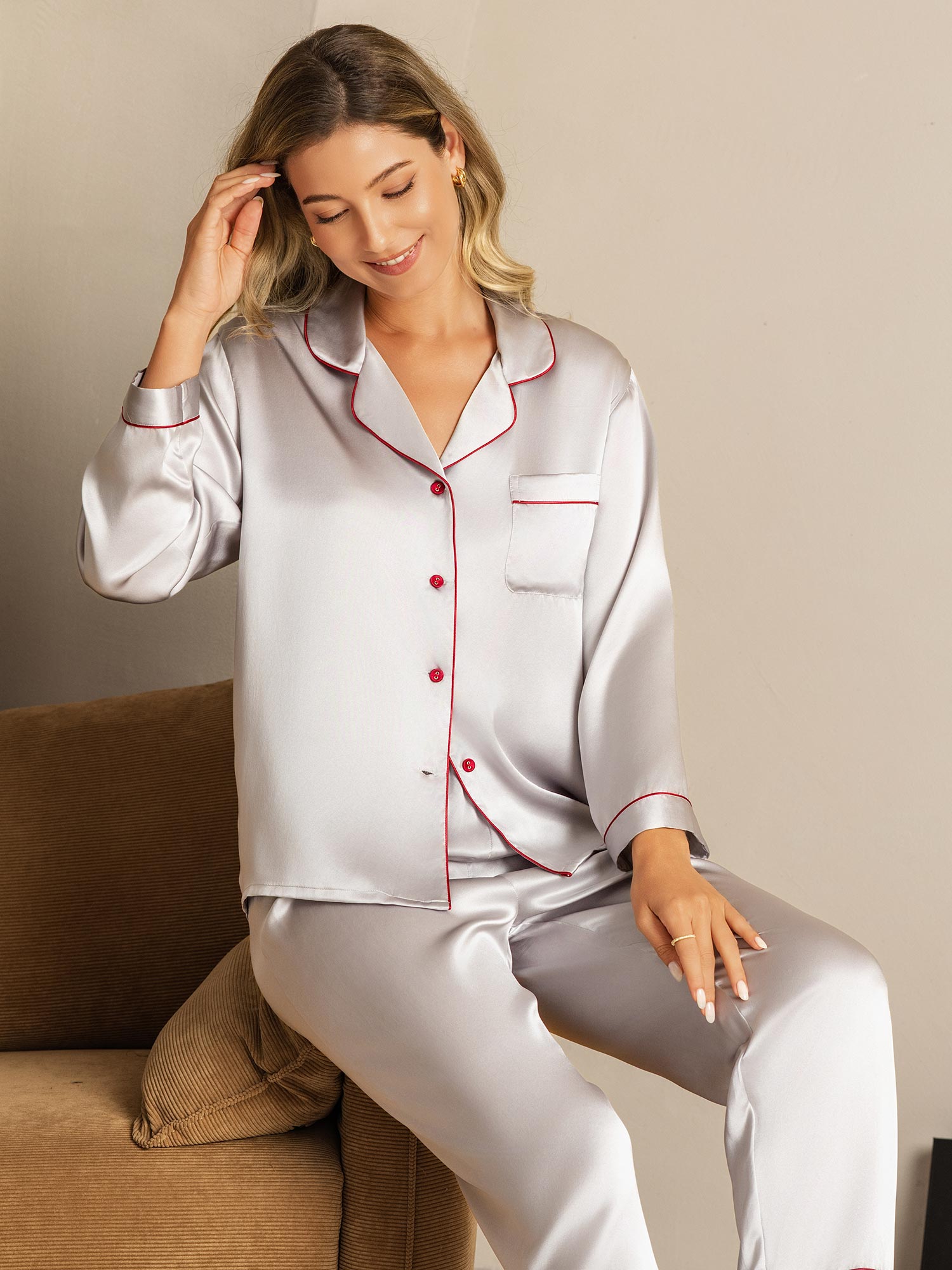 Pure Silk Binding Trim Classic Pajamas Set 2Pcs