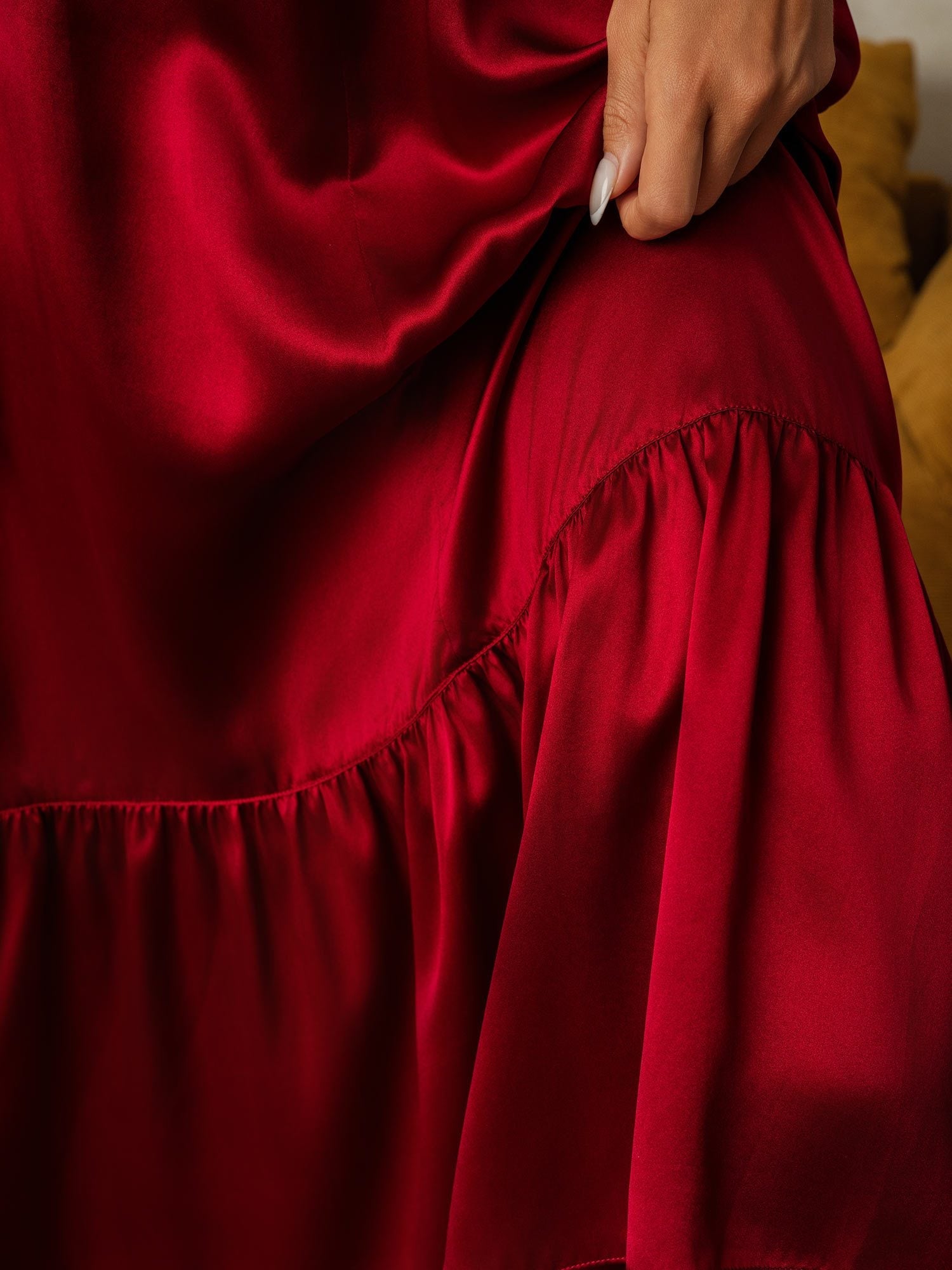 Pure Silk Midi Keyhole Neck Spaghetti Straps Nightgown with Ruffle Hem