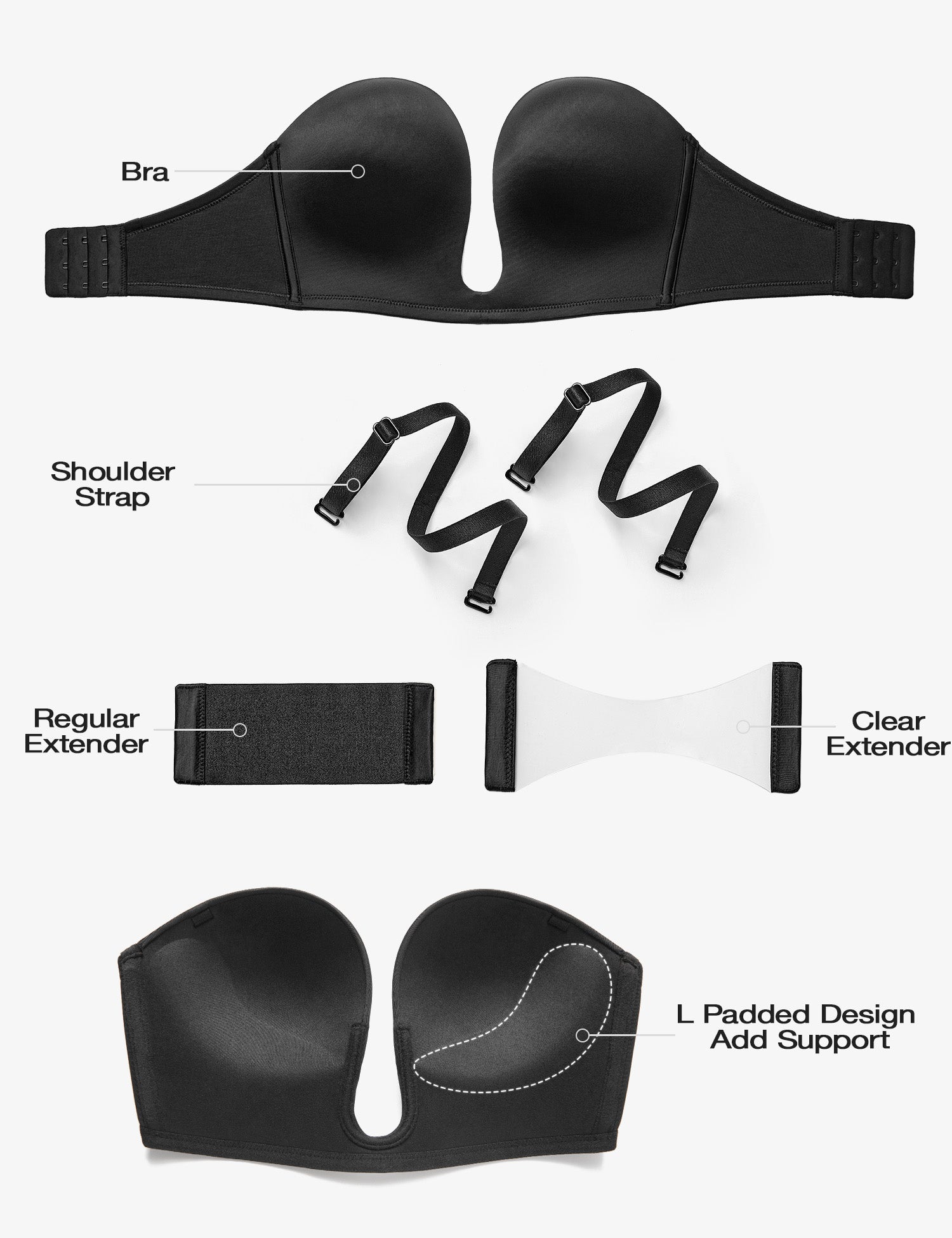 Deep V Wireless Push-Up Bra Black