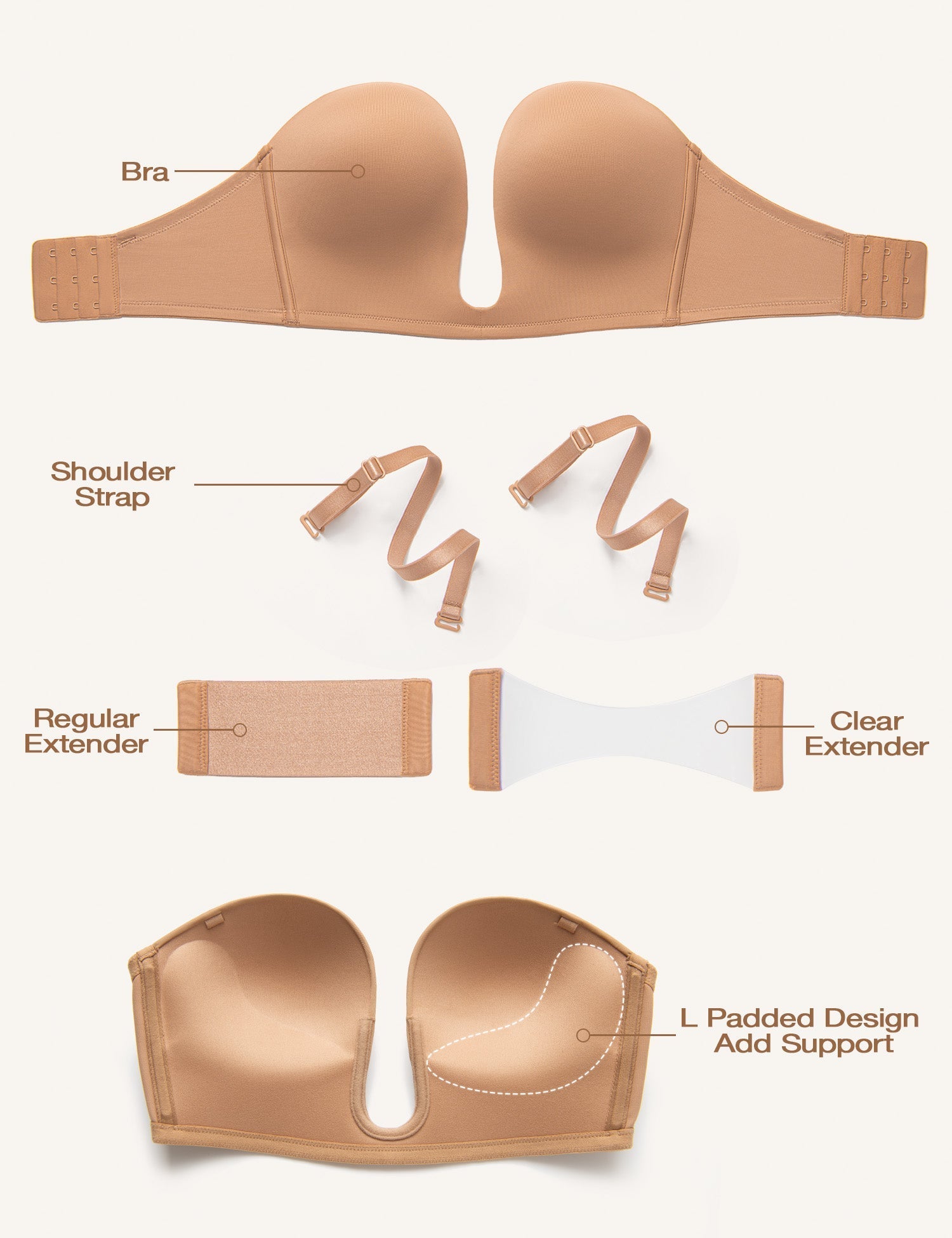 Deep V Wireless Push-Up Bra Brown