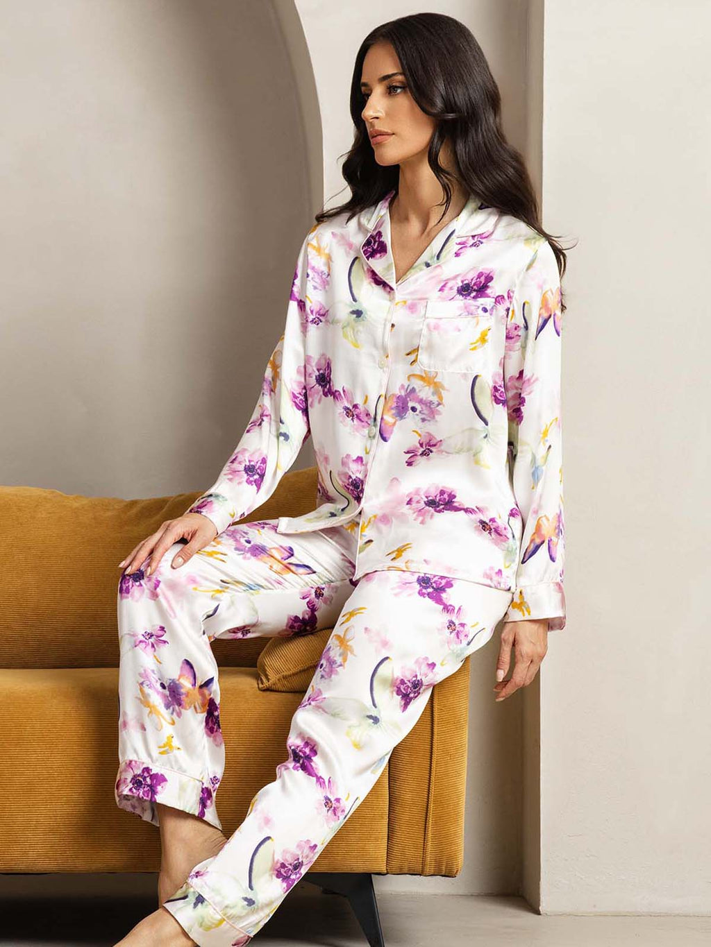 Pure Silk Binding Trim Pajamas Set 2Pcs