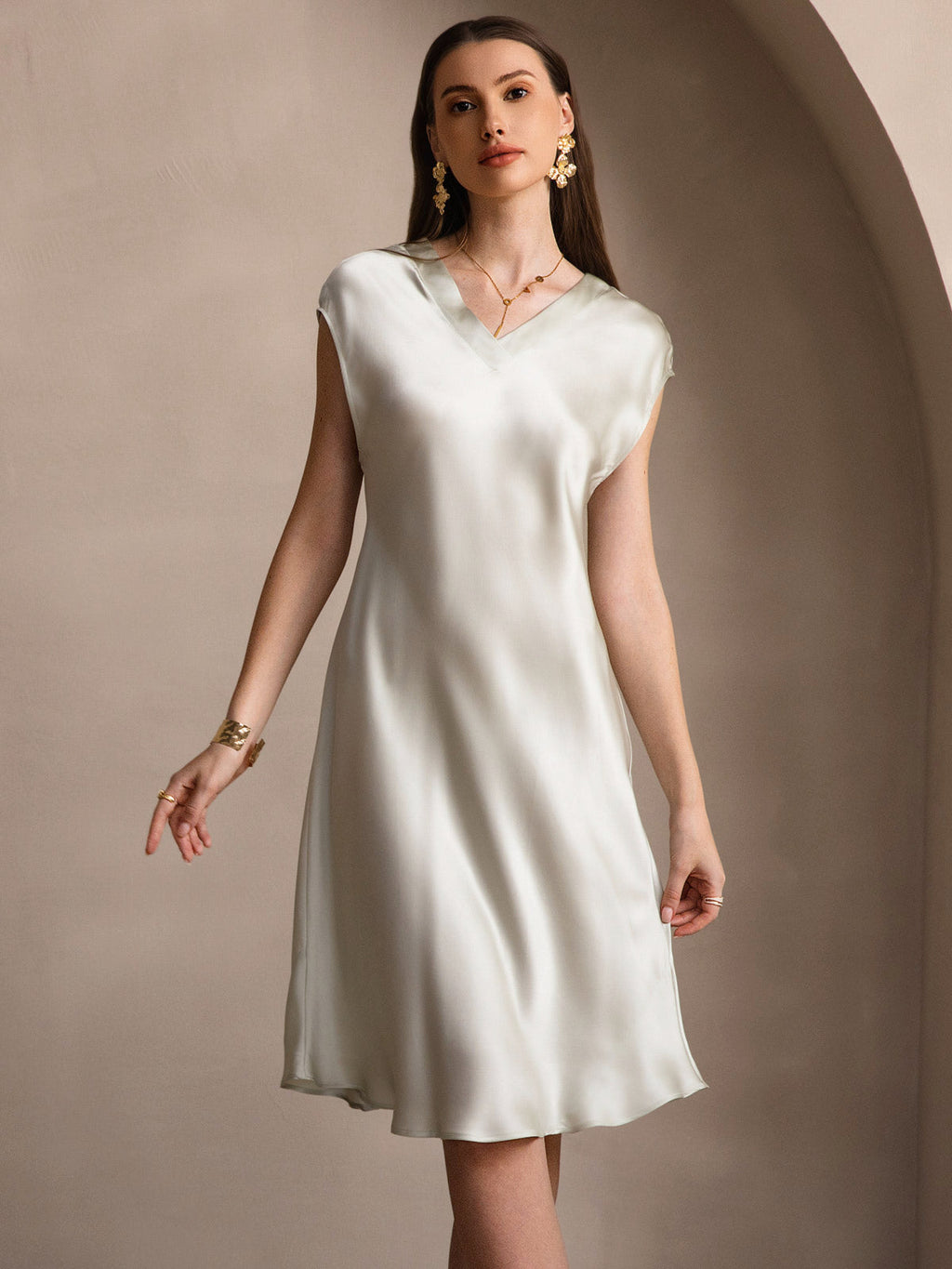 Pure Silk Cap Sleeve V-neck Nightgown
