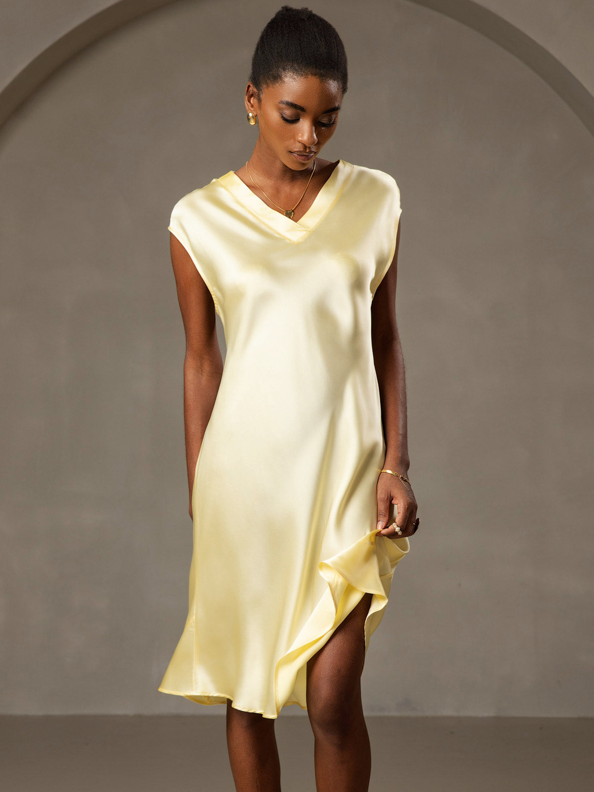 Pure Silk Cap Sleeve V-neck Knee Nightgown