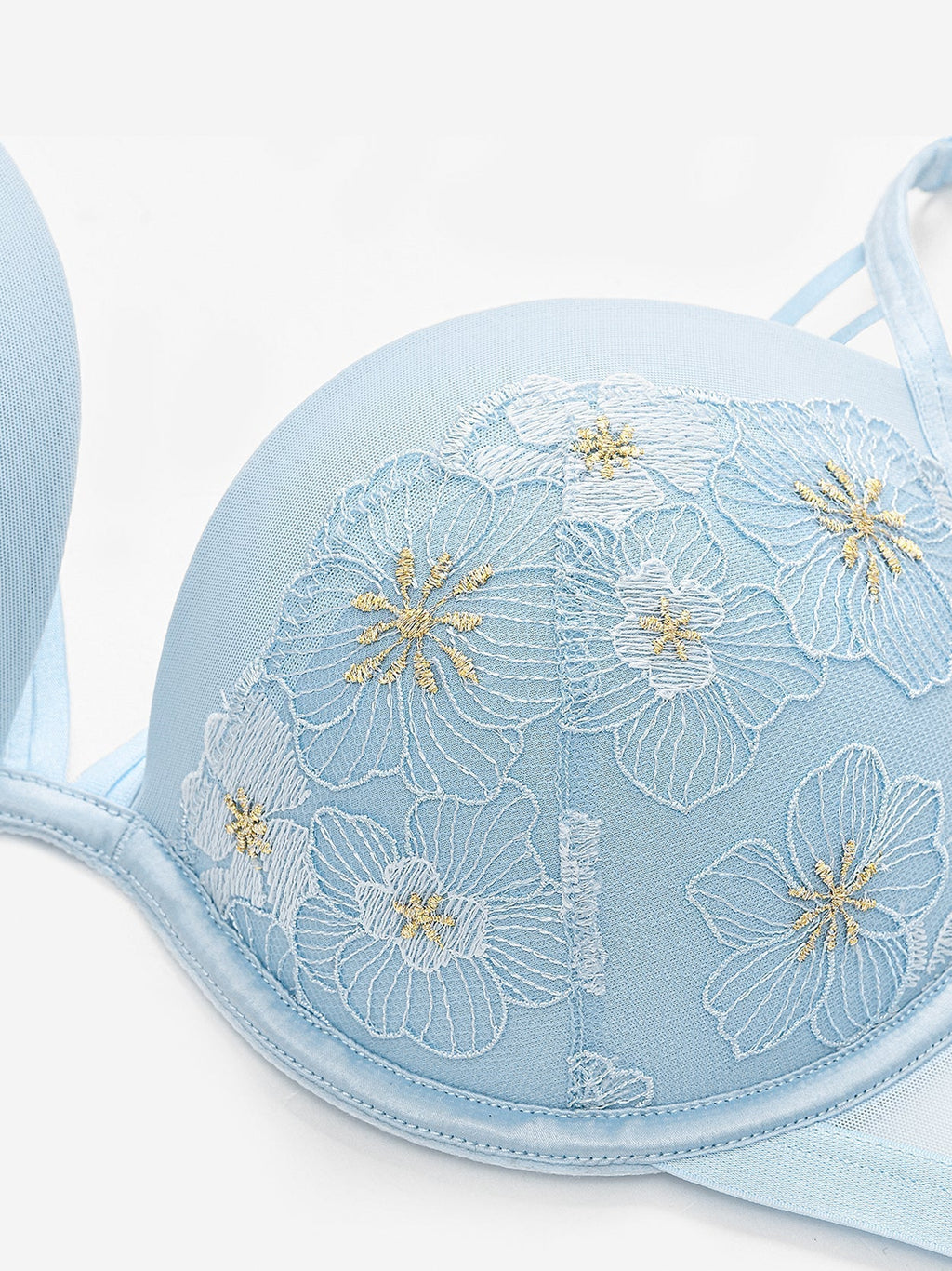 Floral Lace Embroidery Push Up Bra Blue