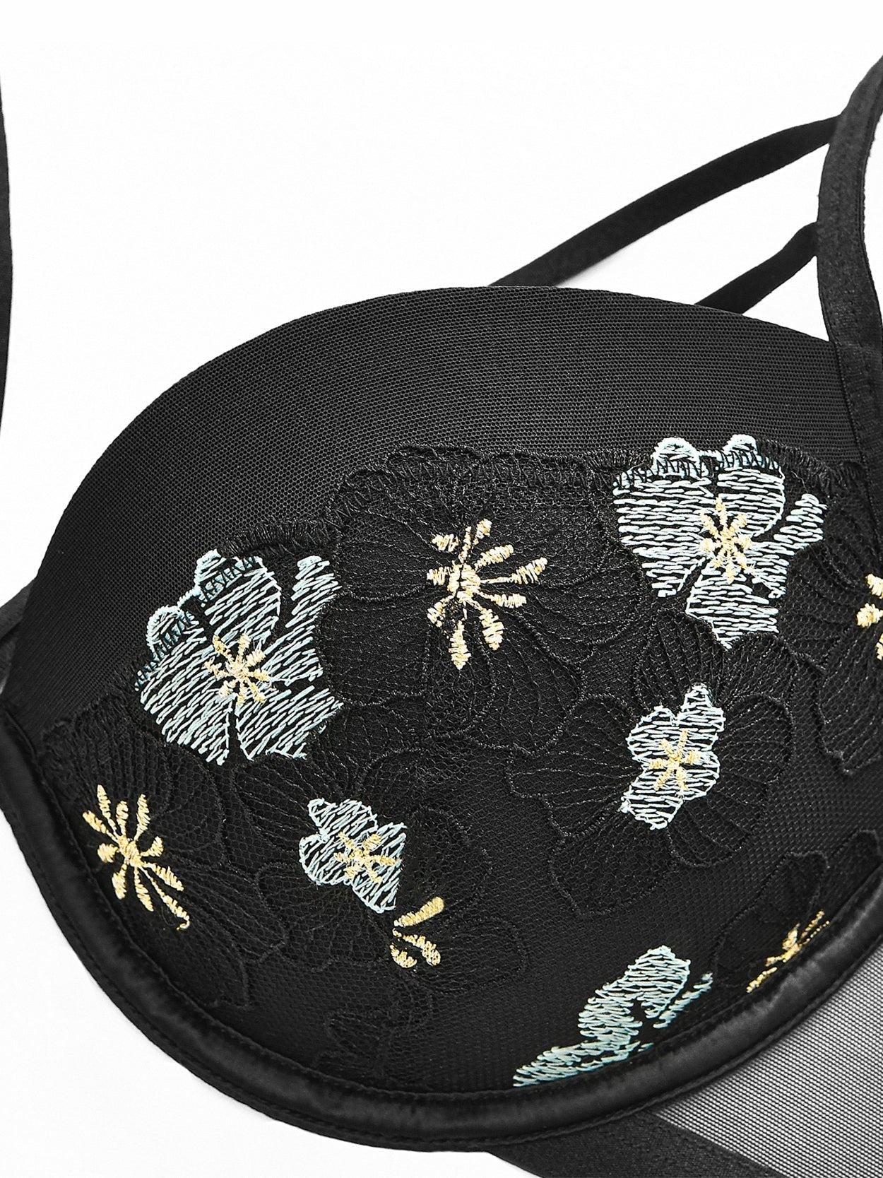 Floral Lace Embroidery Push Up Bra Black