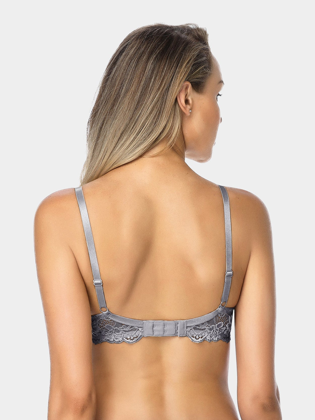 Floral Lace Push-Up Lightly Padded Demi Plunge Underwire Bra Grey