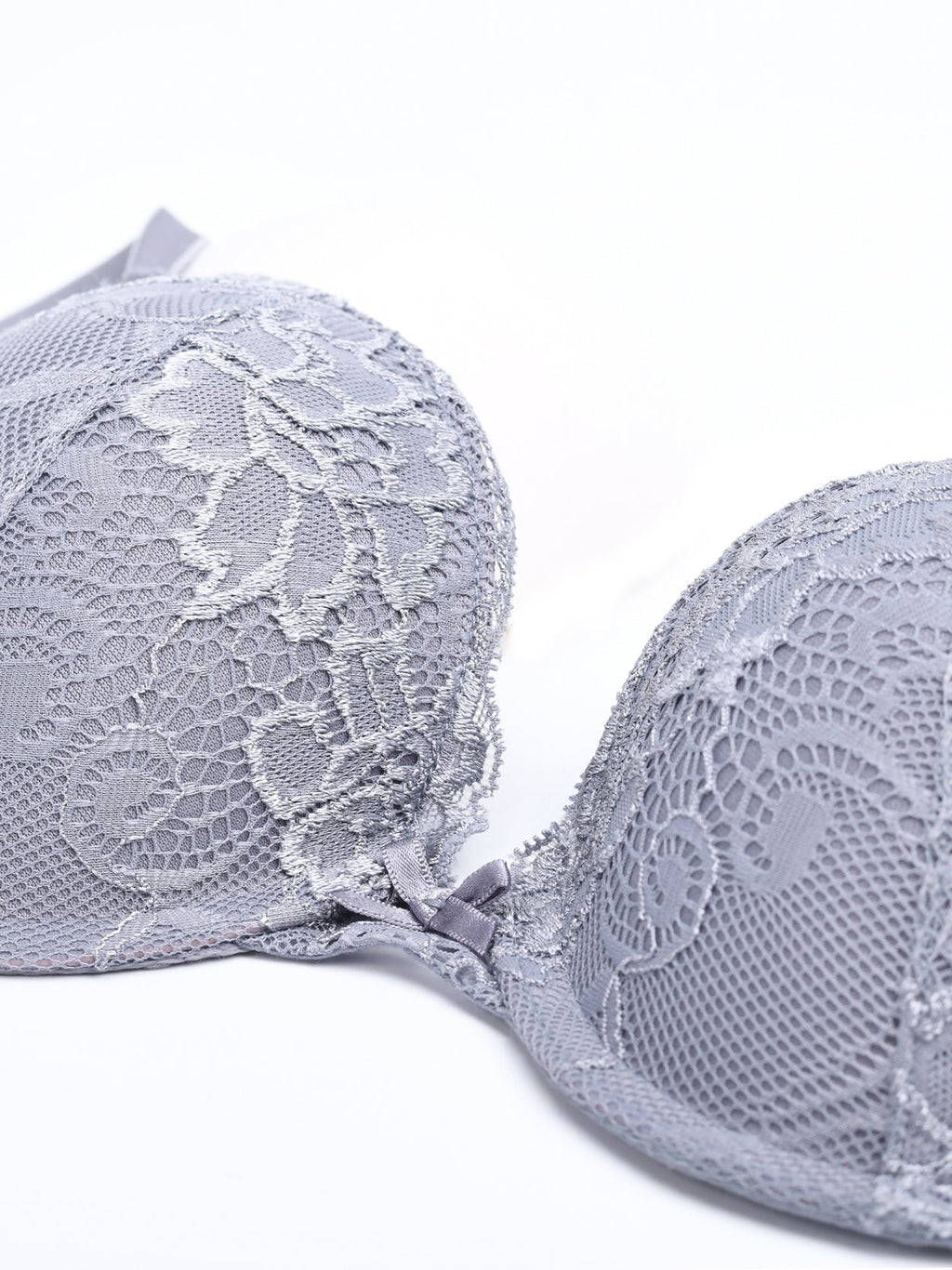 Floral Lace Push-Up Lightly Padded Demi Plunge Underwire Bra Grey