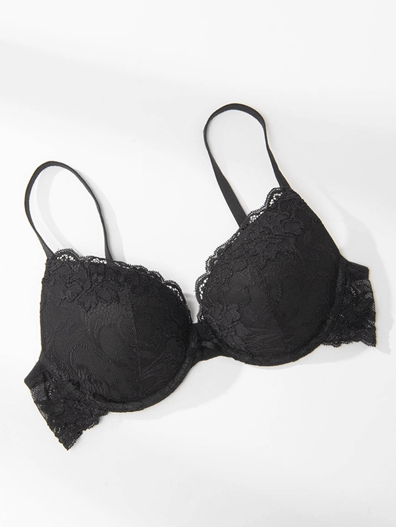 Floral Lace Push-Up Lightly Padded Demi Plunge Underwire Bra Black