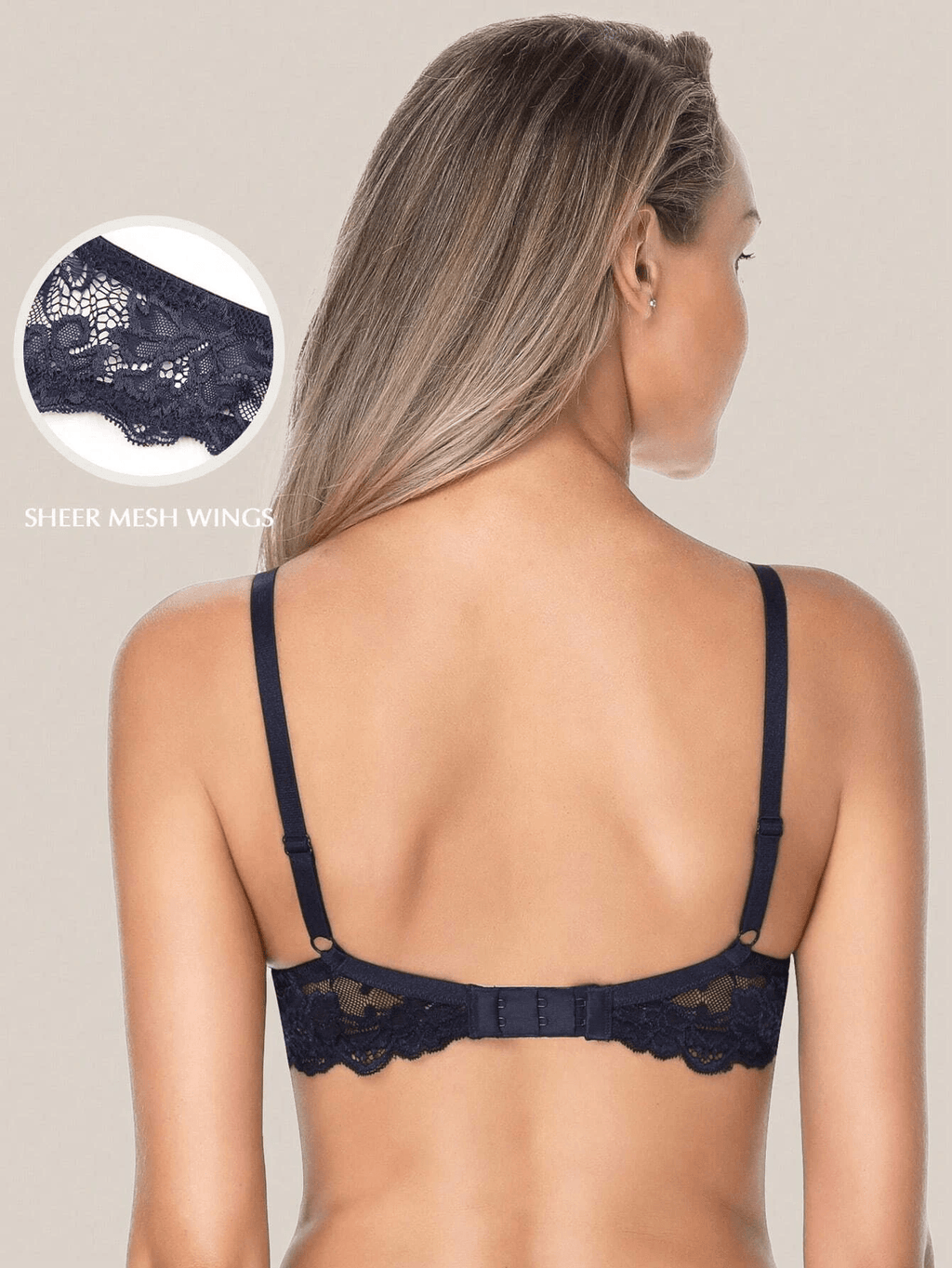 Floral Lace Push-Up Lightly Padded Demi Plunge Underwire Bra Dark Blue