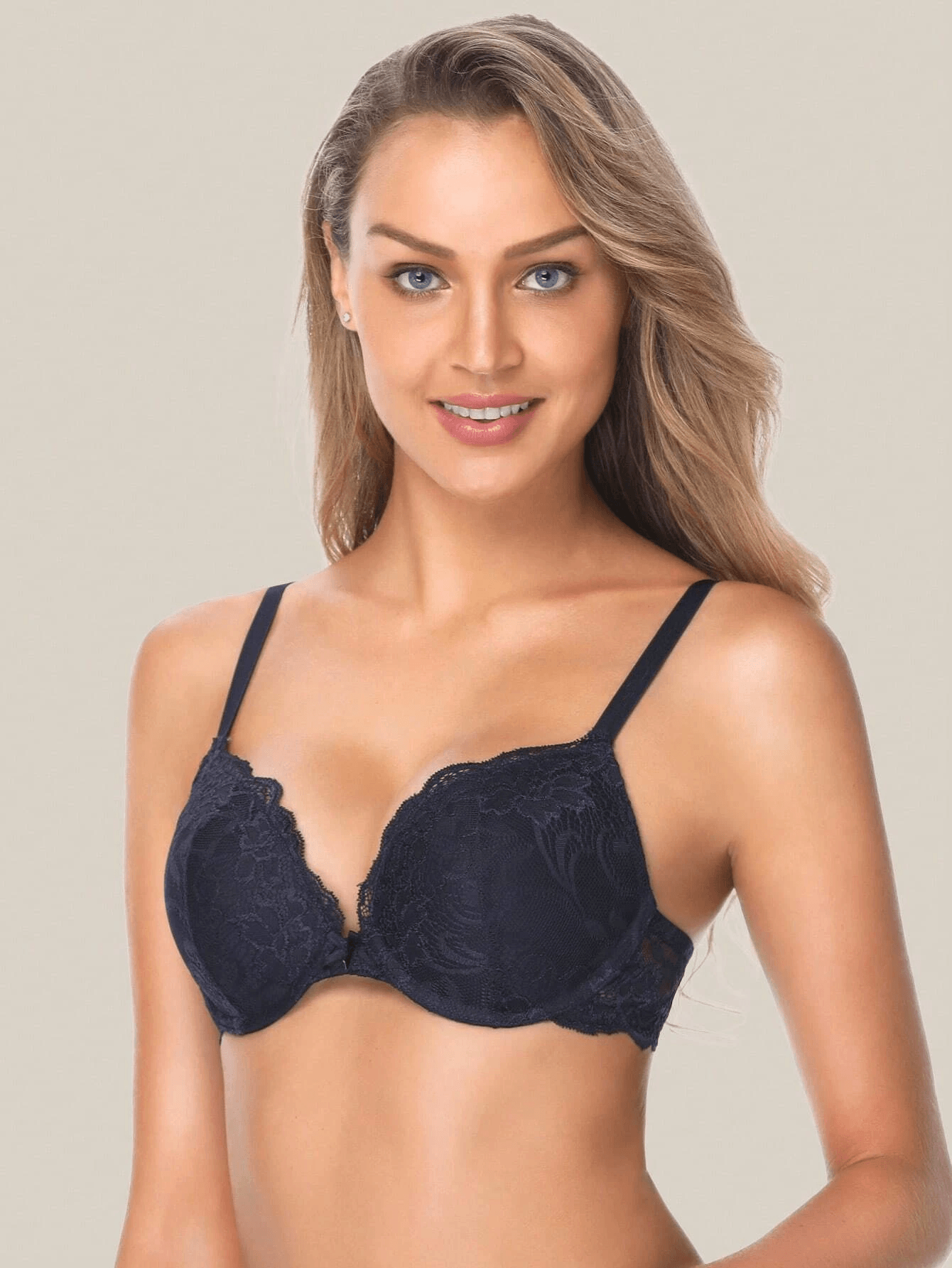 Floral Lace Push-Up Lightly Padded Demi Plunge Underwire Bra Dark Blue