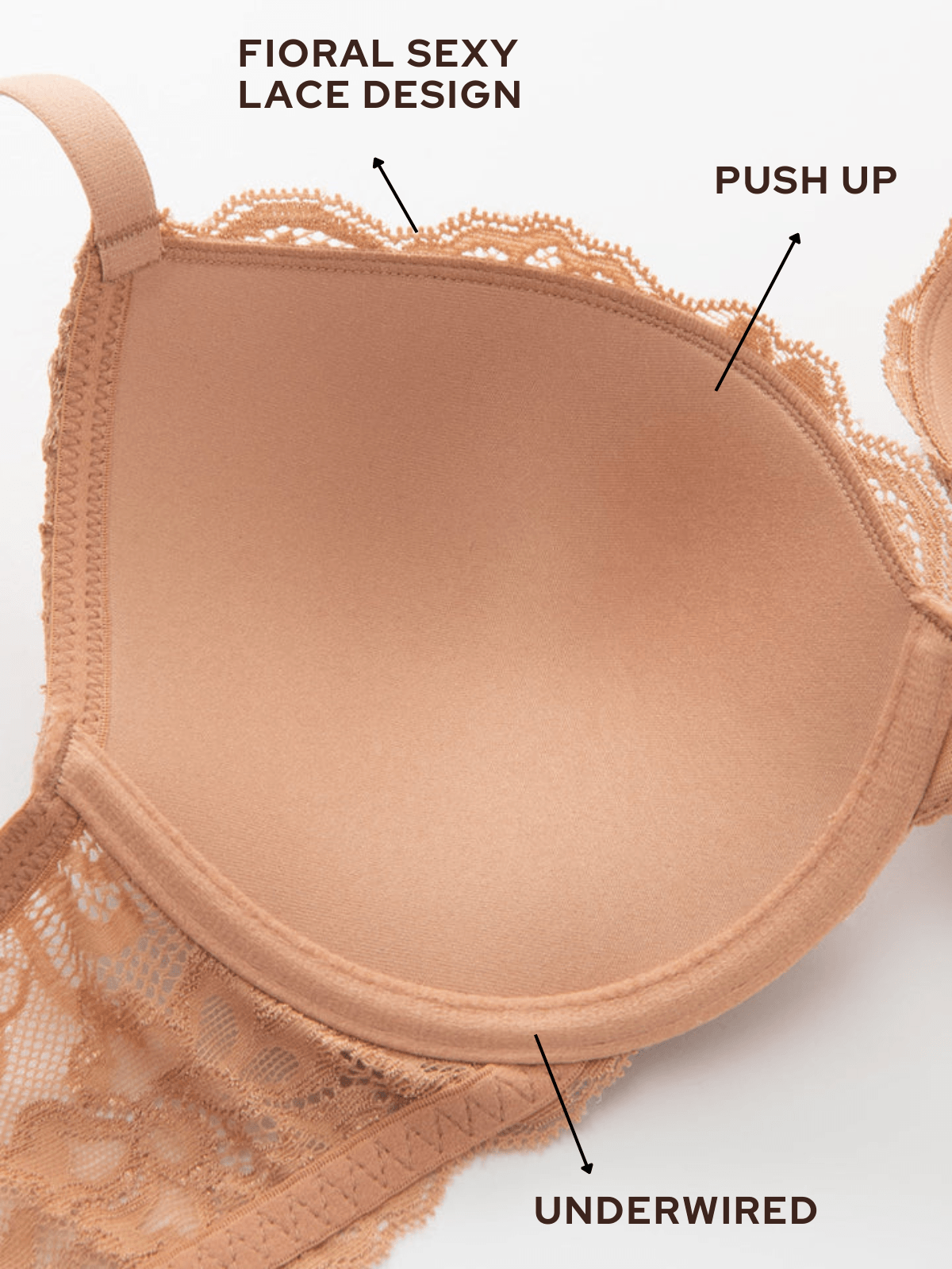 Floral Lace Push-Up Lightly Padded Demi Plunge Underwire Bra Nude