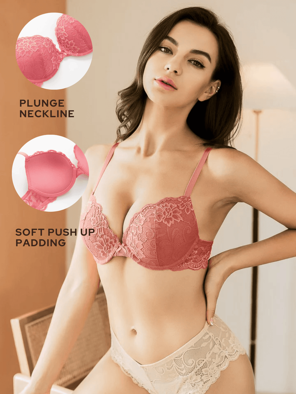 Lace Push Up Bra Lightly Padded Demi Plunge Bra Peach Red