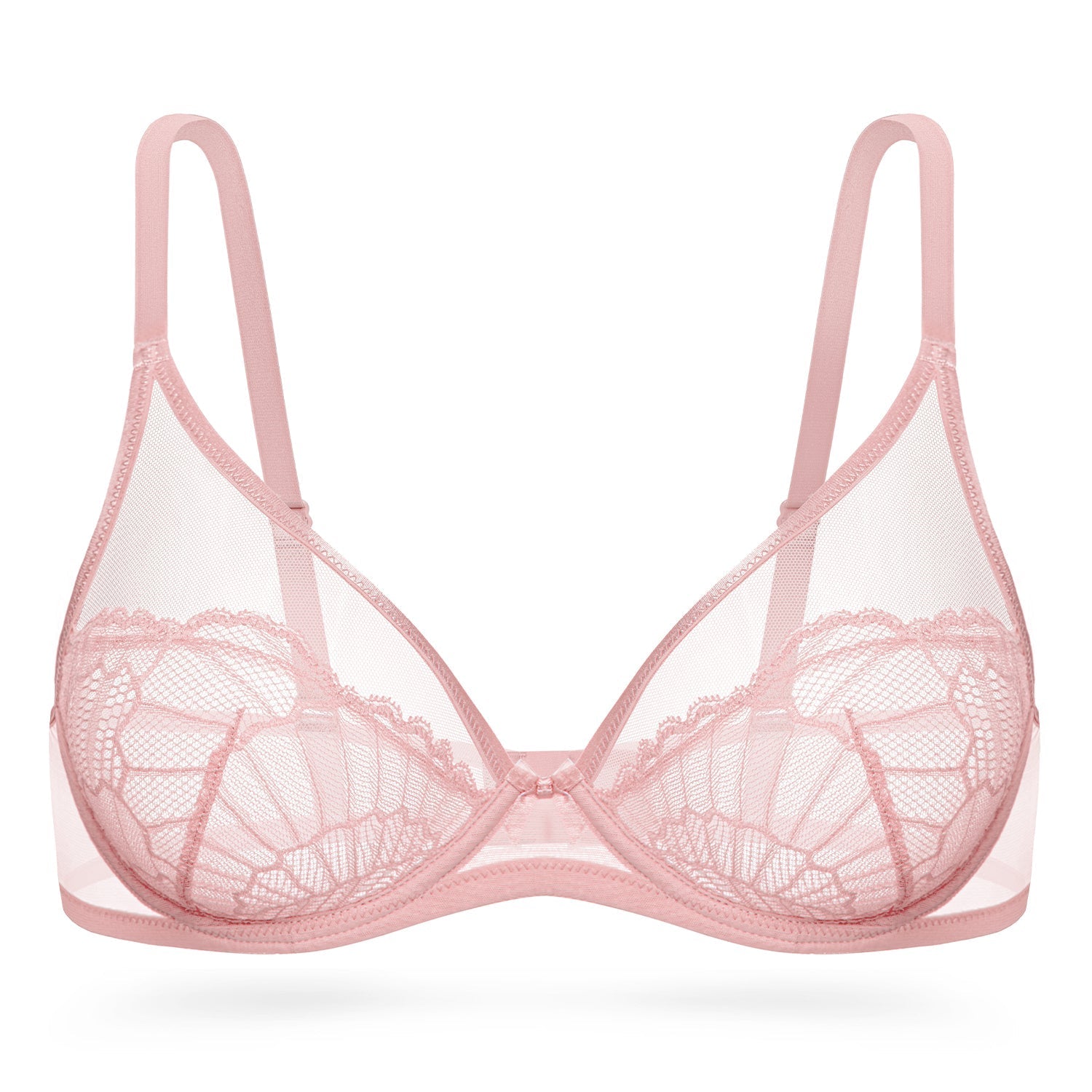 Sheer Lace Underwire Unlined Mesh & Adjustable Straps Bra Rose Pink