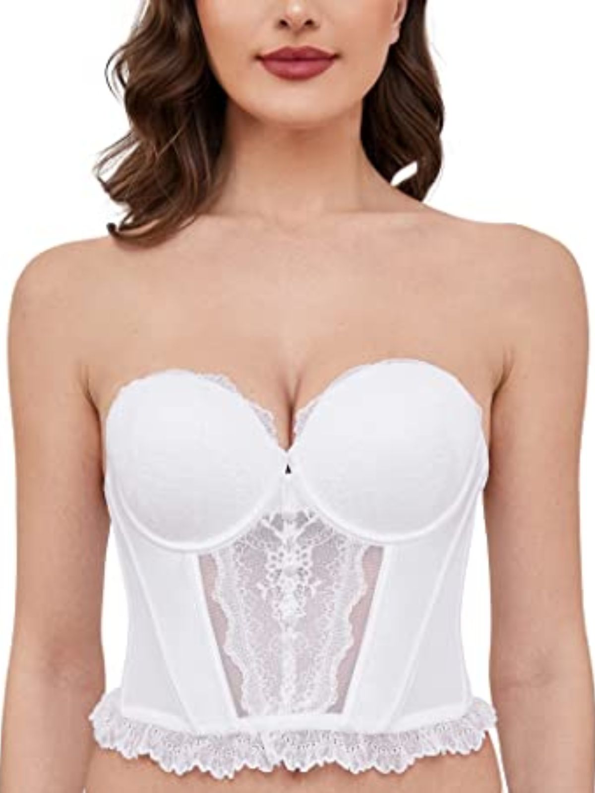 Strapless Bra Longline Corsets Push Up Boned Underwire Sexy Sheer Mesh Lace-Trim White