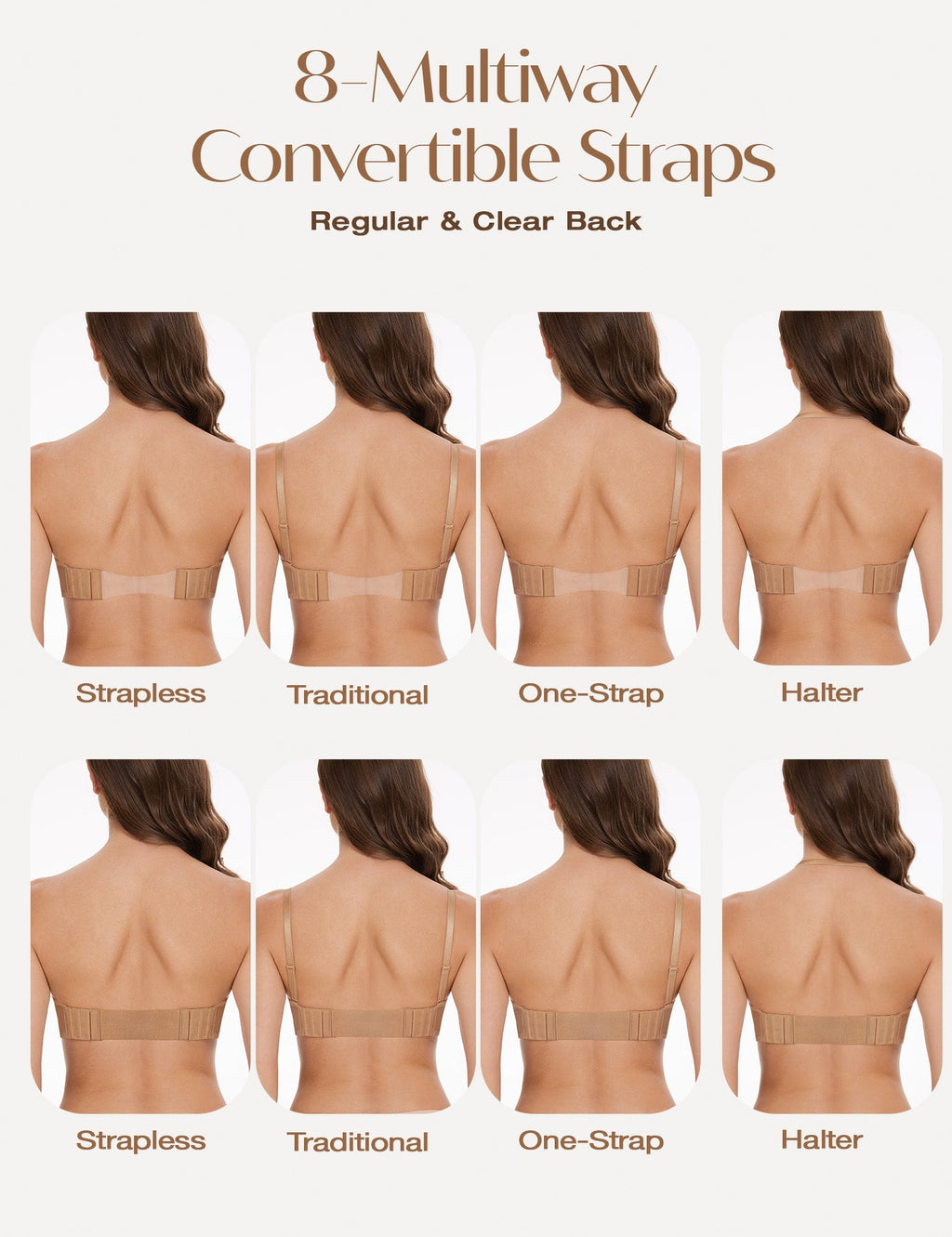 Women's Deep V Pluless Bra Multiway Push Unge Strapp Low-Cut Bras Wireless Red Carpet Clear Back Milk Coffee