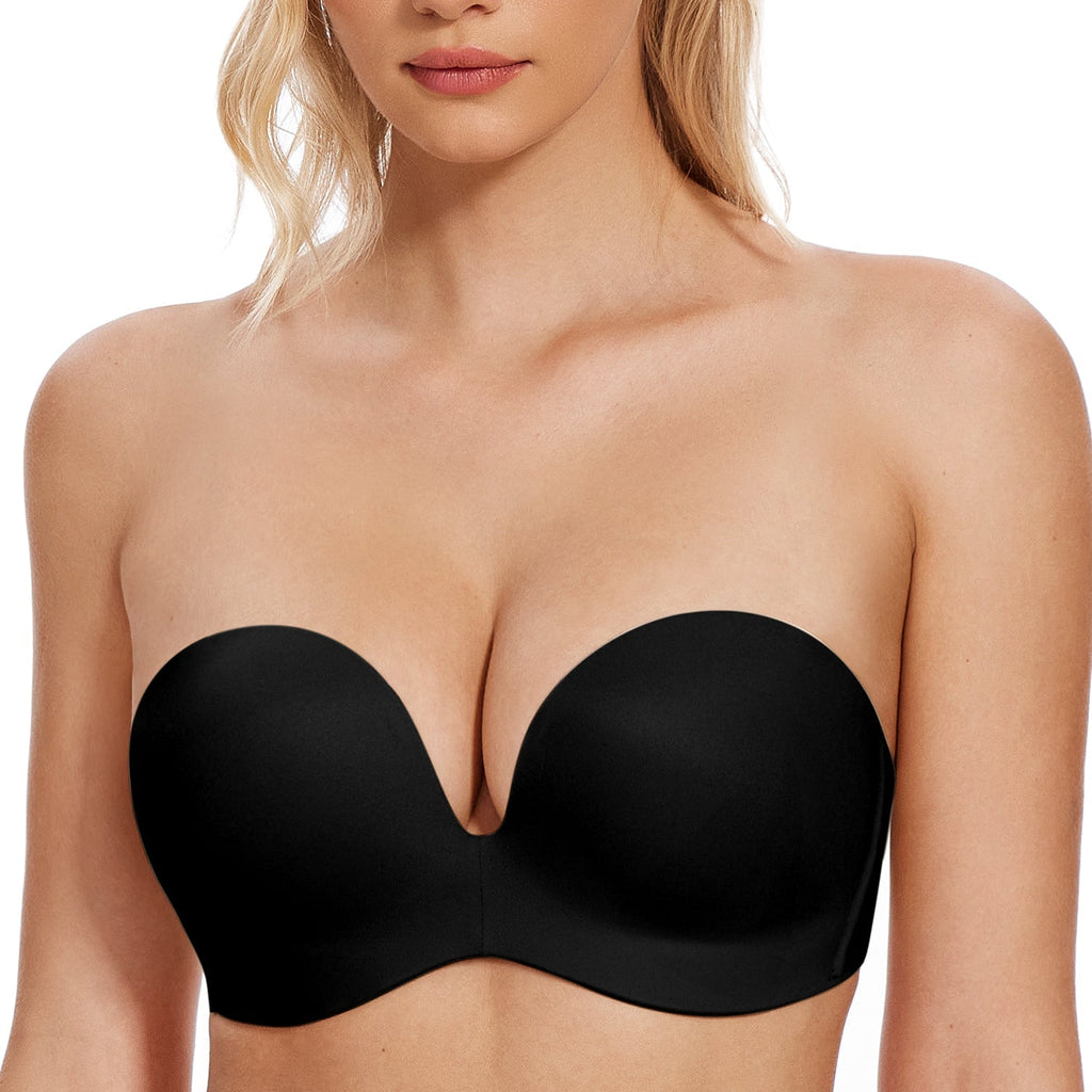 Women's Strapless Bra Full Figure Bras Plus Size Multiway Straps Wirefree Support Red Carpet Black