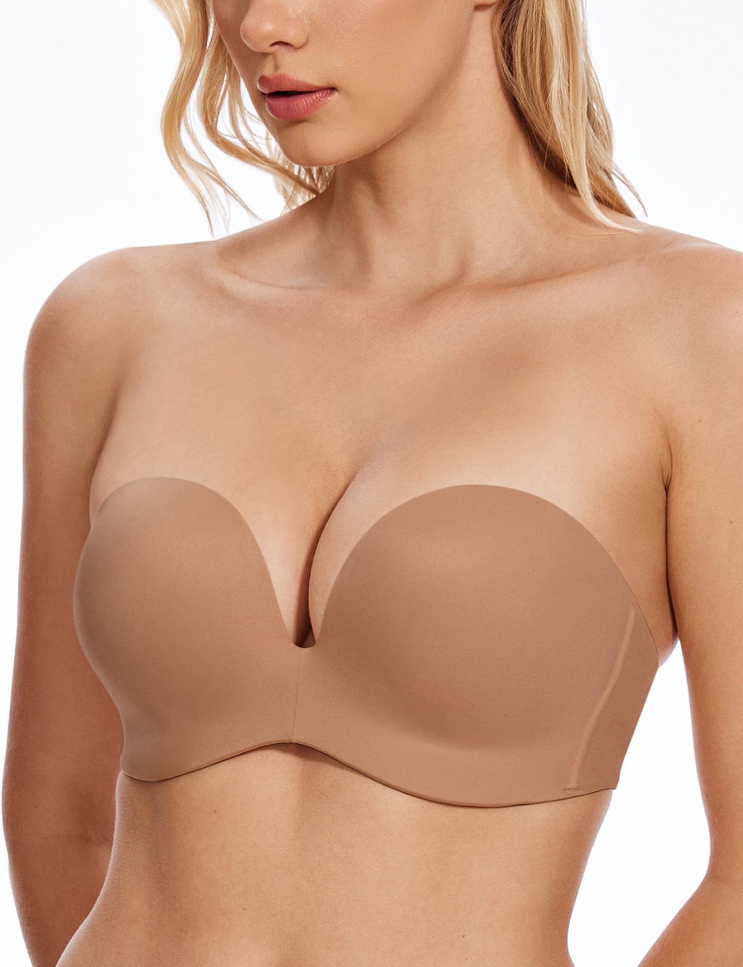 Women's Strapless Bra Full Figure Bras Plus Size Multiway Straps Wirefree Support Red Carpet Brown