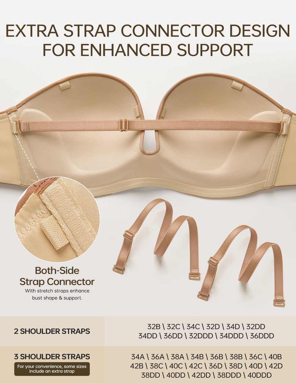 Women's Strapless Bra Full Figure Bras Plus Size Multiway Straps Wirefree Support Red Carpet Brown