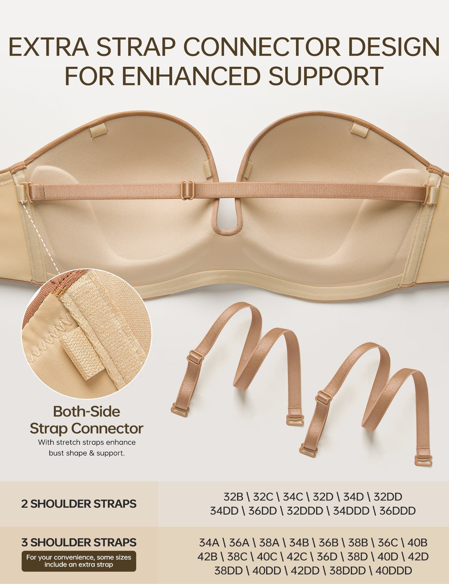 Women's Strapless Bra Full Figure Bras Plus Size Multiway Straps Wirefree Support Red Carpet Brown