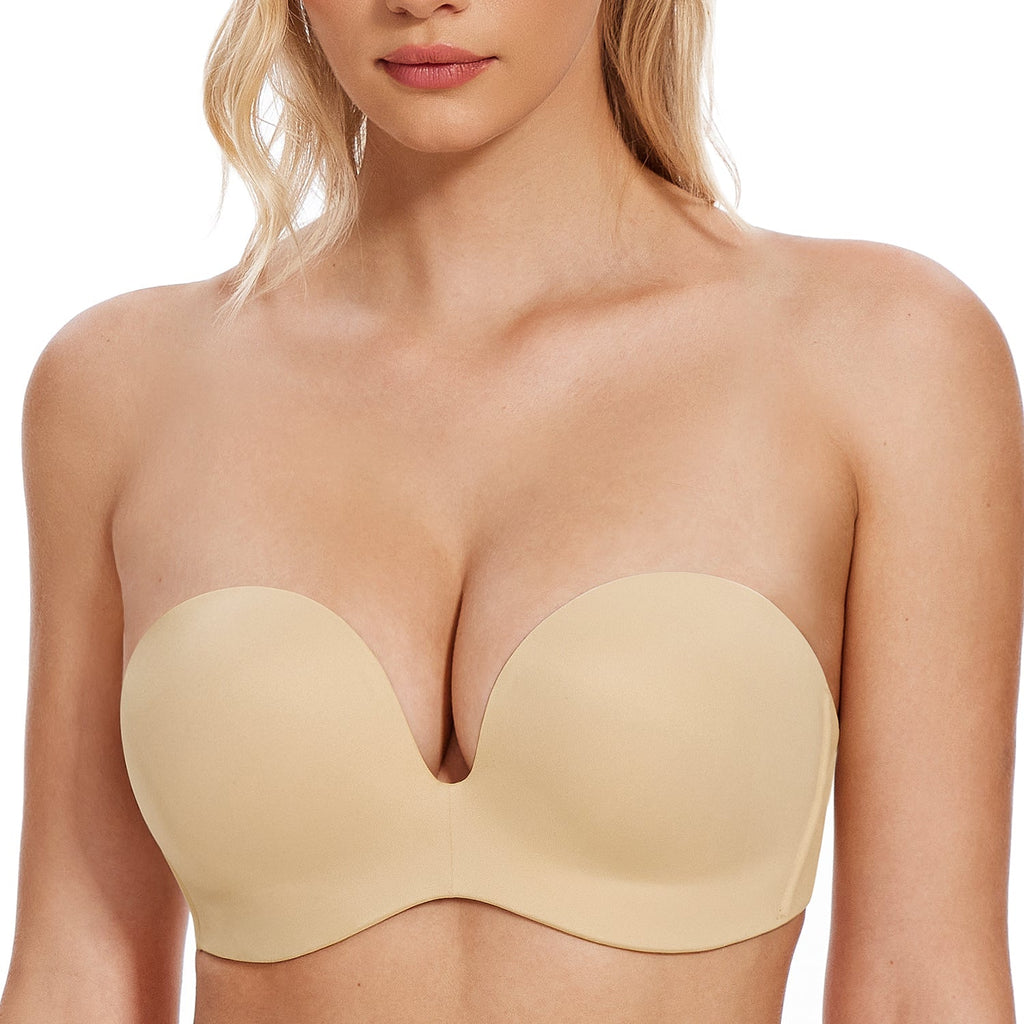 Women's Strapless Bra Full Figure Bras Plus Size Multiway Straps Wirefree Support Red Carpet Nude
